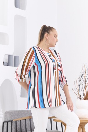 Çizgili Cep Detaylı Büyük Beden Mavi Bluz - 3