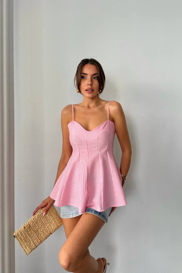 ÇİZGİLİ GOFRE ASKILI PENS DETAYLI BLUZ - Pembe - 1