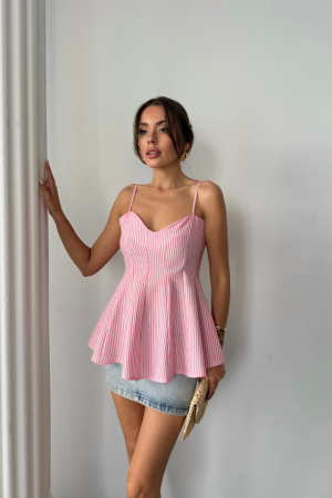 ÇİZGİLİ GOFRE ASKILI PENS DETAYLI BLUZ - Pembe - 4