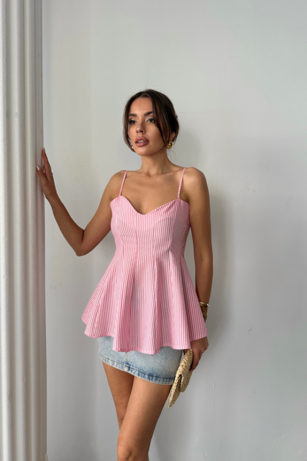 ÇİZGİLİ GOFRE ASKILI PENS DETAYLI BLUZ - Pembe - 4