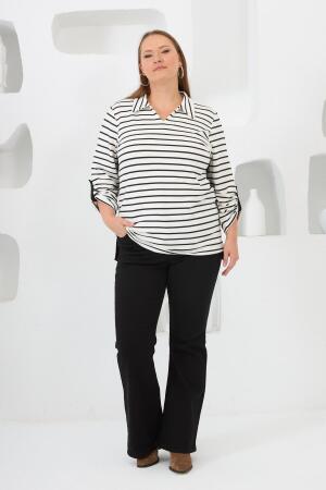 Çizgili Gömlek Yaka Büyük Beden Sweat Beyaz - 5