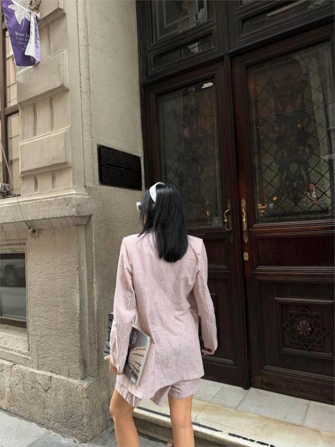 ÇİZGİLİ KETEN CEKET YELEK ŞORT TK - Kahverengi - 2