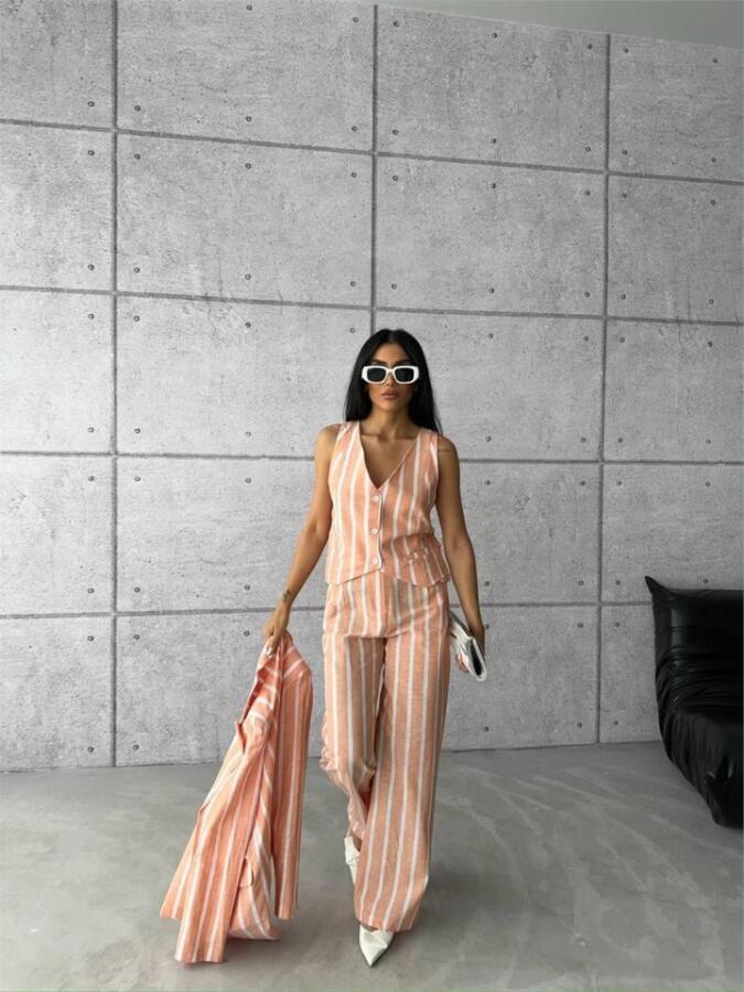ÇİZGİLİ KETEN YELEK-PANTOLON TAKIM - Orange - 1