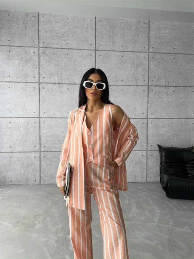 ÇİZGİLİ KETEN YELEK-PANTOLON TAKIM - Orange - 2