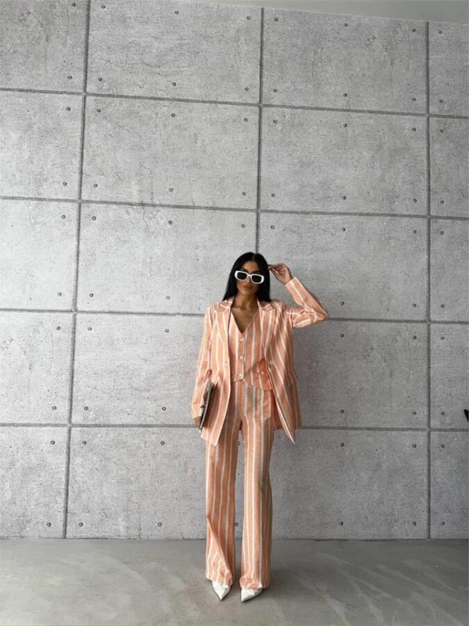 ÇİZGİLİ KETEN YELEK-PANTOLON TAKIM - Orange - 4