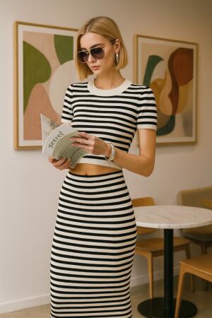 Çizgili Midi Dokulu Etek - ANGELINO BuyukBedeniz