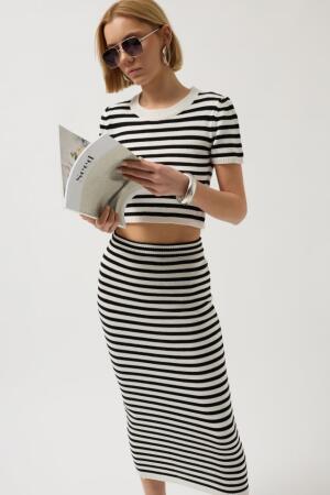 Çizgili Midi Dokulu Etek - ANGELINO BuyukBedeniz (1)