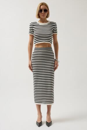 Çizgili Midi Dokulu Etek - 3