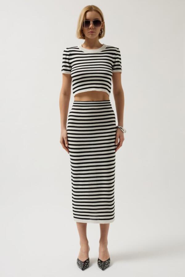 Çizgili Midi Dokulu Etek - 3