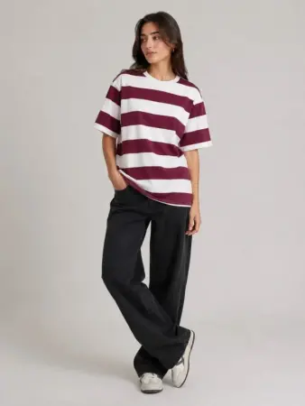 Çizgili Oversize Tişört Bisiklet Yaka Kısa Kol Yazlık T-Shirt - Bordo - 1
