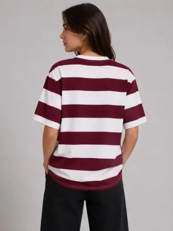 Çizgili Oversize Tişört Bisiklet Yaka Kısa Kol Yazlık T-Shirt - Bordo - 2