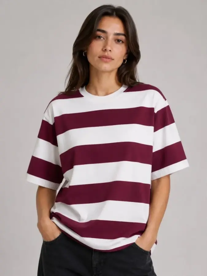 Çizgili Oversize Tişört Bisiklet Yaka Kısa Kol Yazlık T-Shirt - Bordo - 3