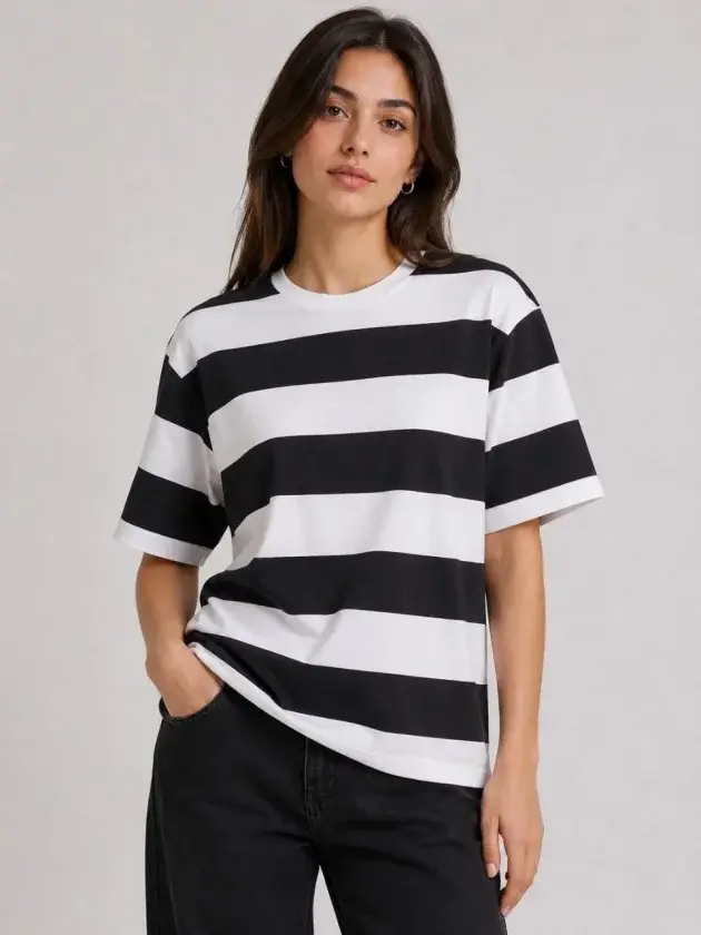 Çizgili Oversize Tişört Bisiklet Yaka Kısa Kol Yazlık T-Shirt - Siyah - 1