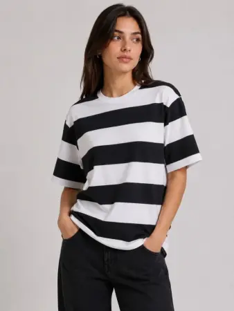 Çizgili Oversize Tişört Bisiklet Yaka Kısa Kol Yazlık T-Shirt - Siyah - 3