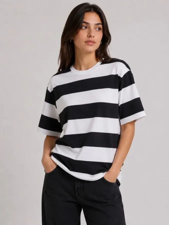 Çizgili Oversize Tişört Bisiklet Yaka Kısa Kol Yazlık T-Shirt - Siyah - 3