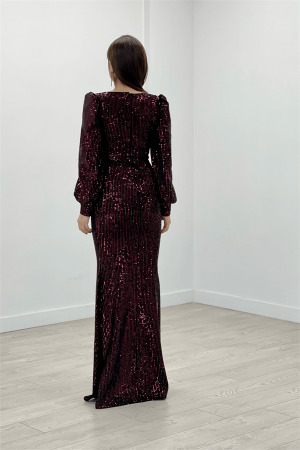 Kadife Payet Kumaş Balık Elbise - BORDO - 5