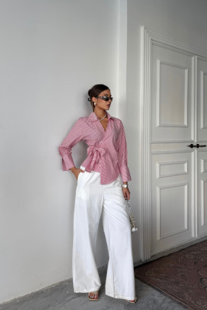 ÇİZGİLİ POPLİN KRUVAZE BAĞLAMALI GÖMLEK - Kırmızı - ANGELINO BuyukBedeniz