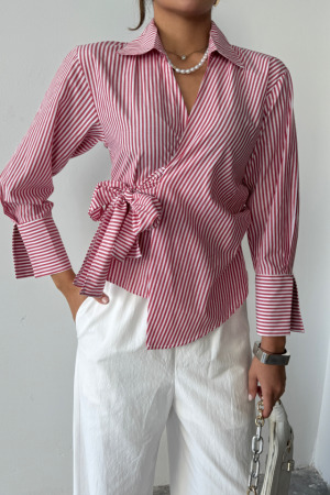 ÇİZGİLİ POPLİN KRUVAZE BAĞLAMALI GÖMLEK - Kırmızı - ANGELINO BuyukBedeniz (1)
