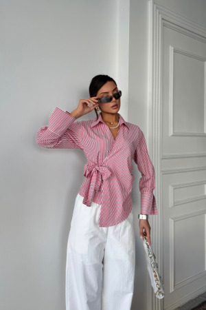 ÇİZGİLİ POPLİN KRUVAZE BAĞLAMALI GÖMLEK - Kırmızı - 3