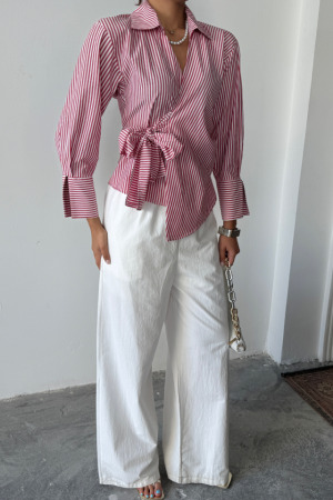 ÇİZGİLİ POPLİN KRUVAZE BAĞLAMALI GÖMLEK - Kırmızı - 4