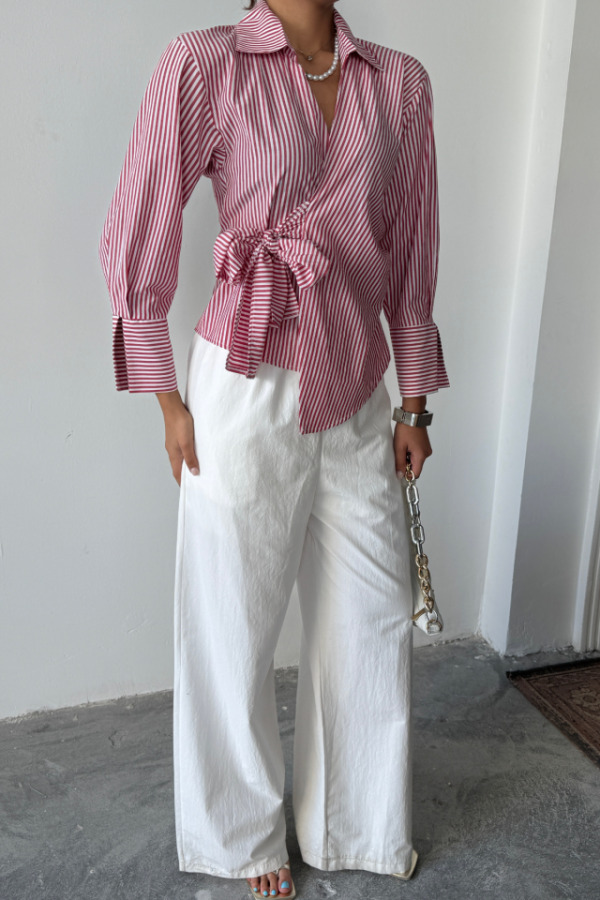 ÇİZGİLİ POPLİN KRUVAZE BAĞLAMALI GÖMLEK - Kırmızı - 4