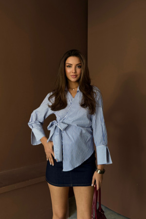 ÇİZGİLİ POPLİN KRUVAZE BAĞLAMALI GÖMLEK - Mavi - 3