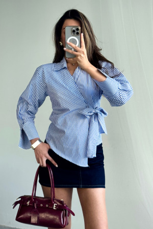 ÇİZGİLİ POPLİN KRUVAZE BAĞLAMALI GÖMLEK - Mavi - 4