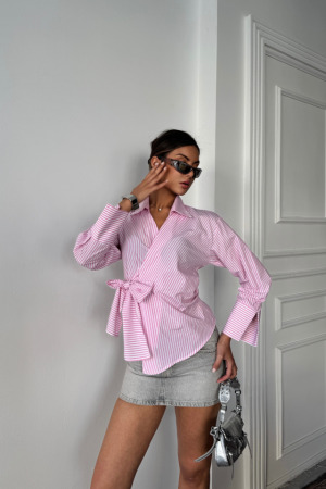 ÇİZGİLİ POPLİN KRUVAZE BAĞLAMALI GÖMLEK - Pembe - ANGELINO BuyukBedeniz