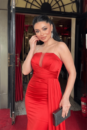 Çizgili Saten Kumaş Şal Detaylı Abiye Elbise - KIRMIZI - Angelino Moda (1)