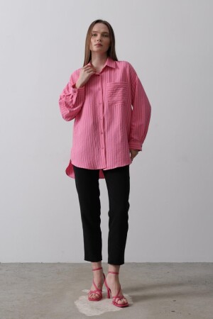 Çizgili Tek Cep Gömlek - Pembe - 1