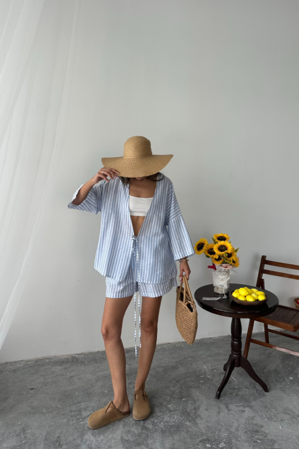 ÇİZGİLİ TUNİK -ŞORT TAKIM - Mavi - 4