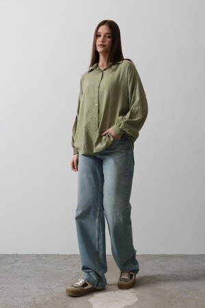 Çizgili Uzun Kol Gömlek - Haki - ANGELINO BuyukBedeniz