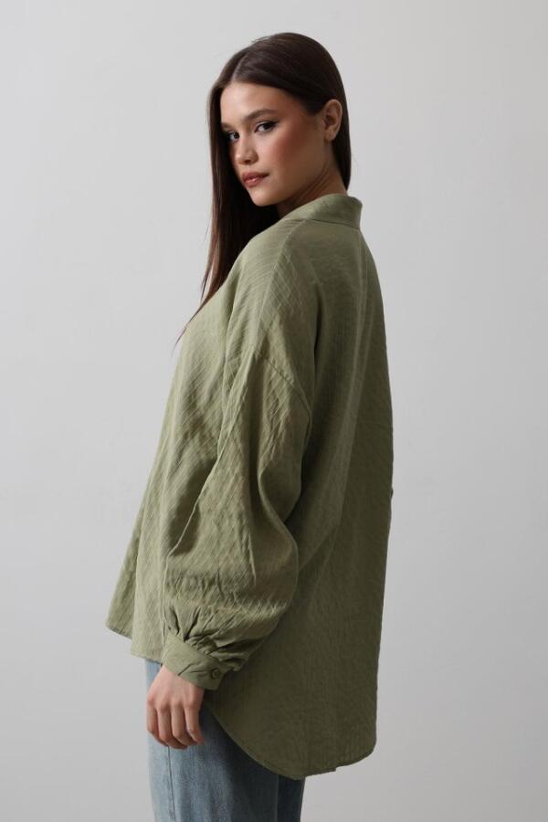 Çizgili Uzun Kol Gömlek - Haki - 2