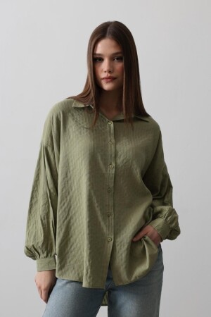 Çizgili Uzun Kol Gömlek - Haki - 3