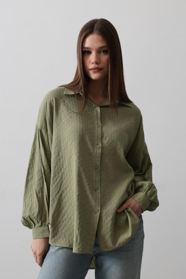 Çizgili Uzun Kol Gömlek - Haki - 3