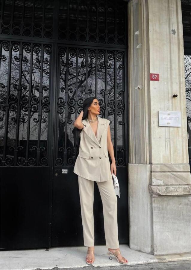 ÇİZGİLİ UZUN YELEK - PANTOLON TAKIM POLVİSCON - Bej - 3