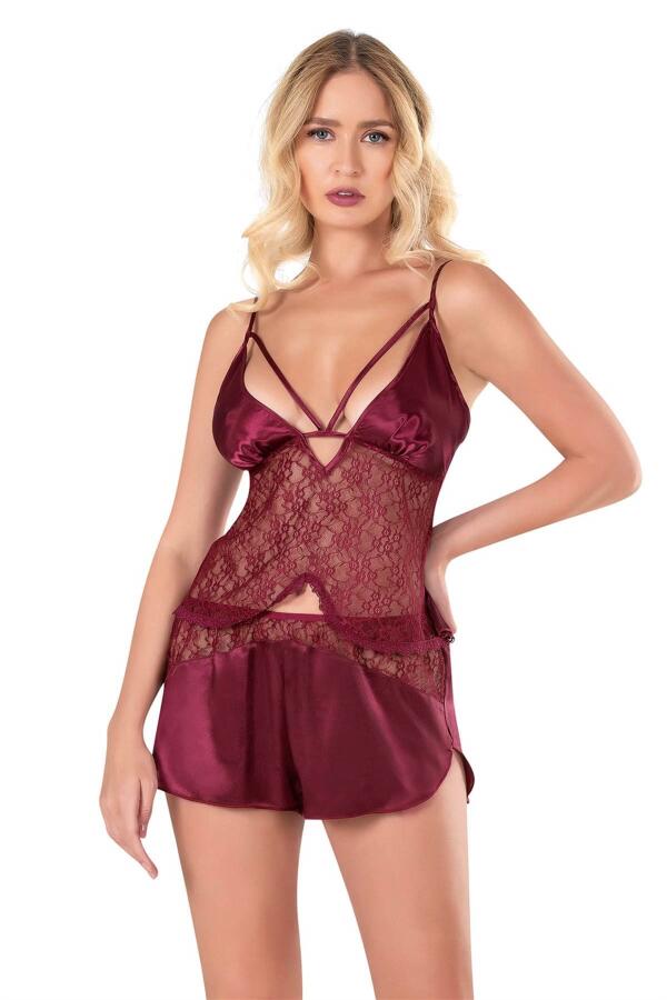 Angelino Bordo Saten Babydoll Şort Takımı - 1