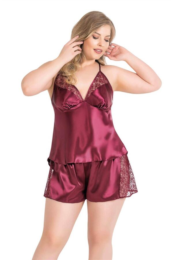 Angelino Büyük Beden Bordo Saten Babydoll Şort TakımI - 1