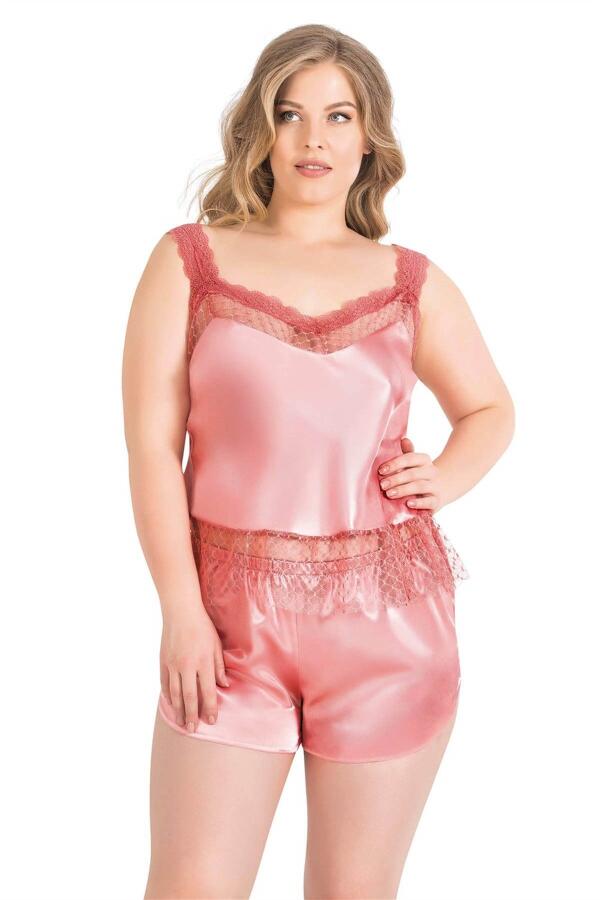 Angelino Büyük Beden Mercan Saten Babydoll Şort Takımı - 1