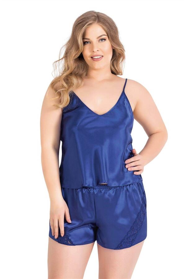 Angelino Büyük Beden Saks Saten Babydoll Şort Takımı - 1
