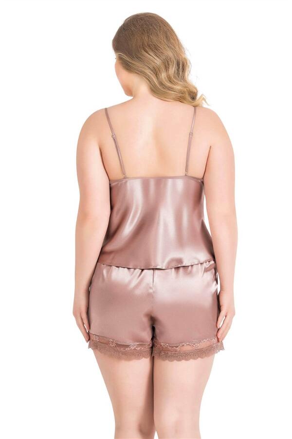 Angelino Büyük Beden Vizon Saten Babydoll Şort Takımı - 2