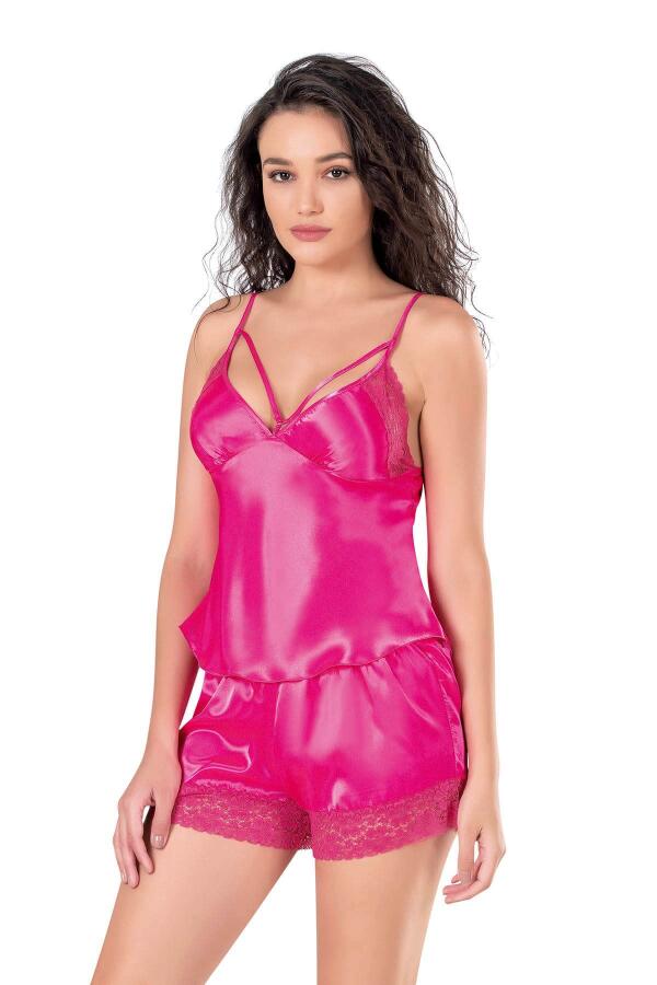 Angelino Fuşya Saten Babydoll Şort Takımı - 2