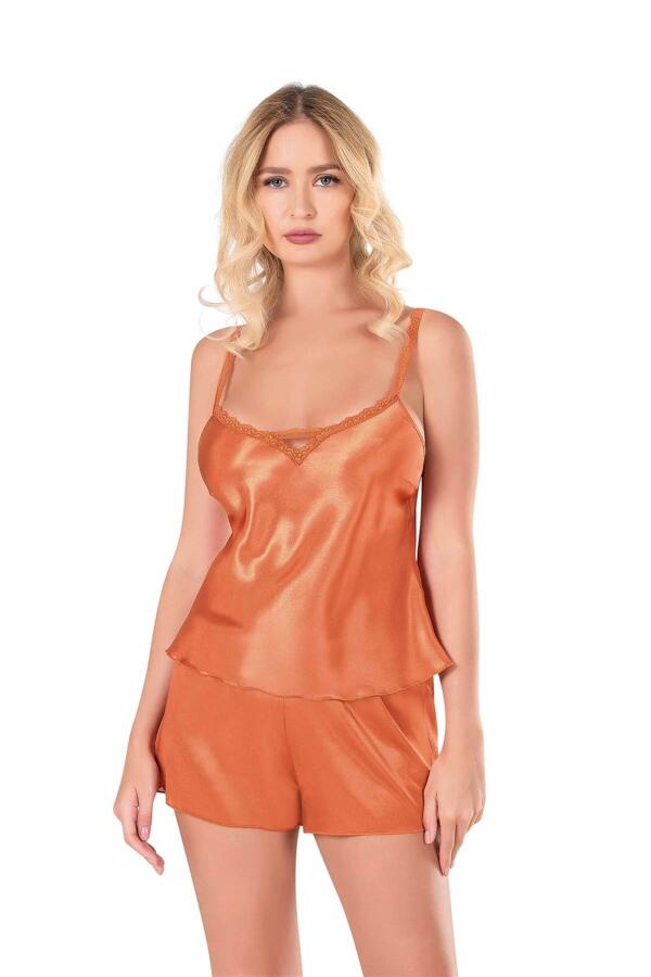 Angelino Oranj Saten Babydoll Şort Takımı - 1