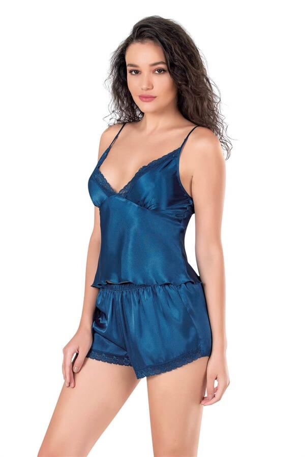 Angelino Petrol Mavi Saten Babydoll Şort Takımı - 1