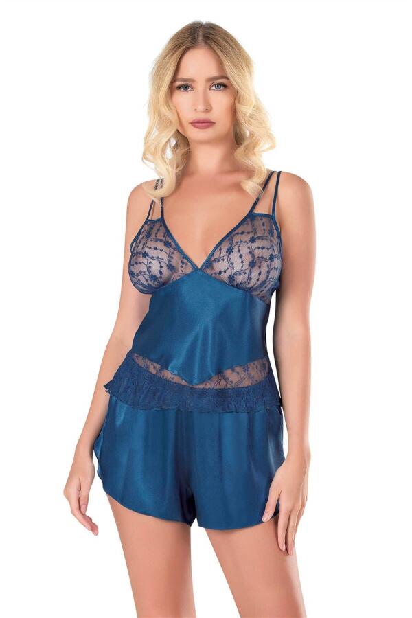 Angelino Petrol Mavisi Saten Babydoll Şort Takımı - 1