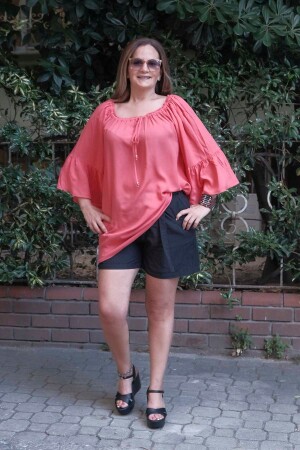 Large Size Tunic with Elastic Collar and Flounce Coral - 1
