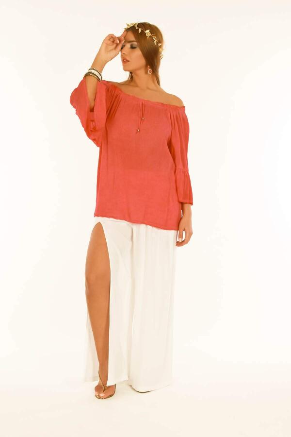 Large Size Tunic with Elastic Collar and Flounce Coral - 1