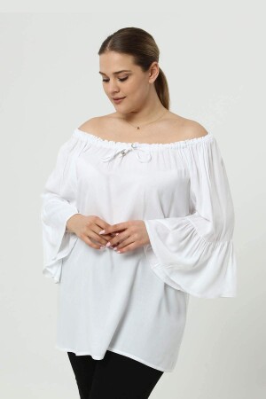 Large Size Tunic with Elasticated Collar, Flounce, White - 1
