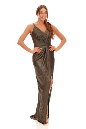 Copper Lacquered Chiffon Double Breasted Slit Evening Dress - 3