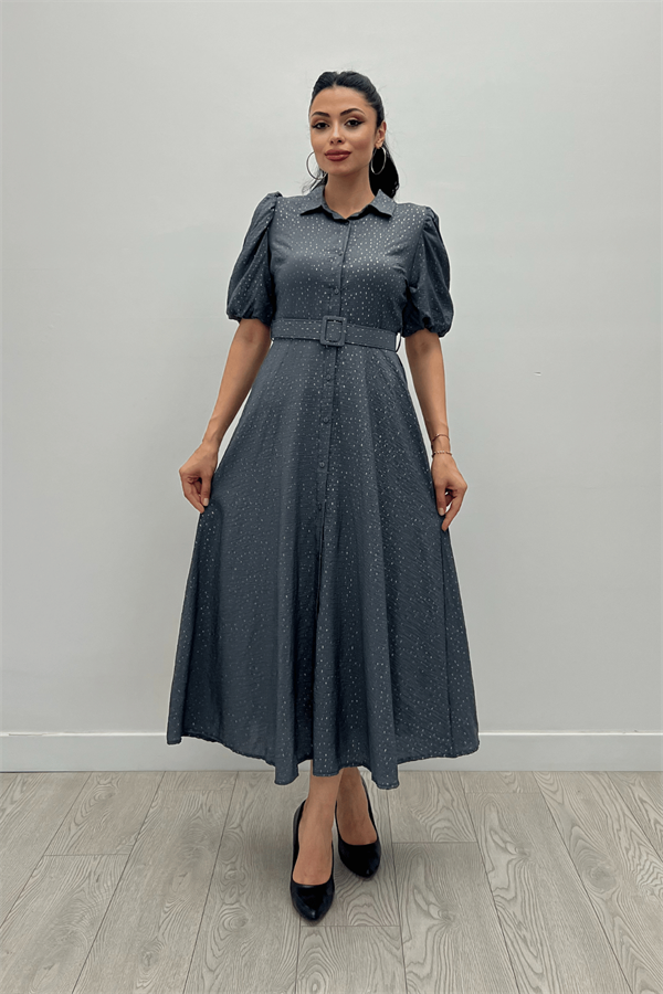 Cotton Kumaş Düğme Detaylı Gömlek Elbise - GRİ - 1